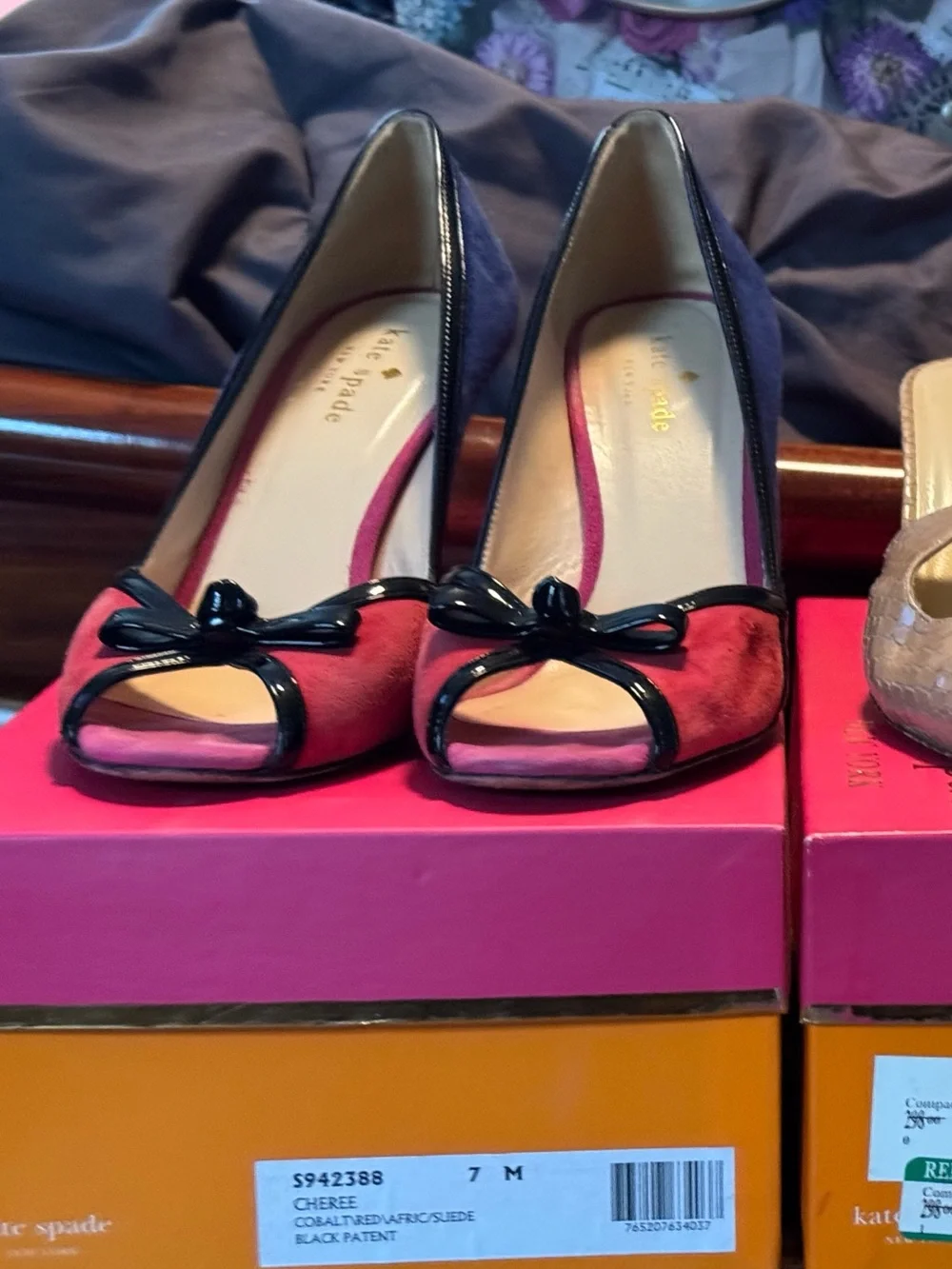 kate spade Cherry Pink and Navy Suede Peep-Toe Flats with Patent Trim